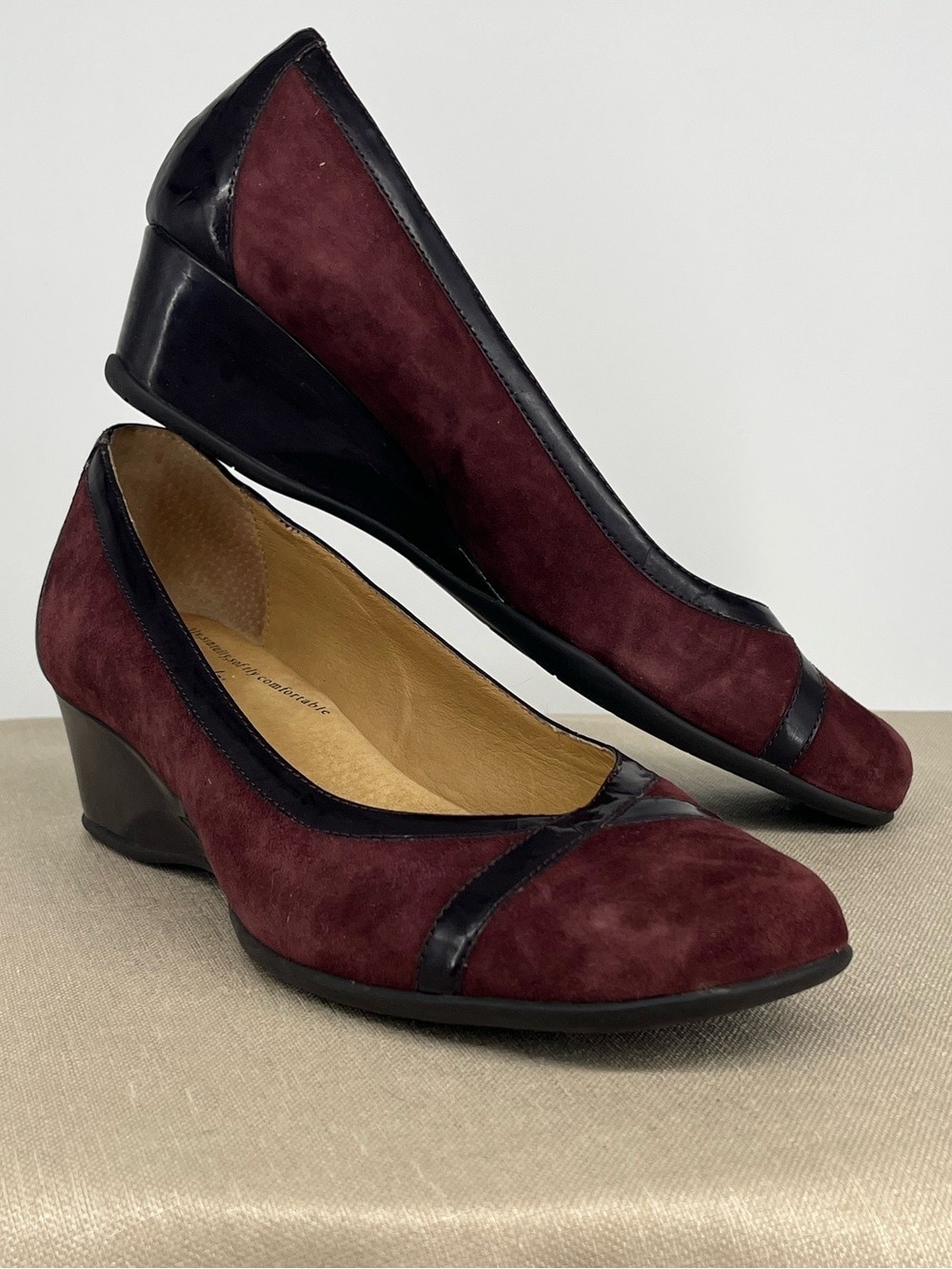 Softspots Burgundy and Black Suede Low Wedge Pumps